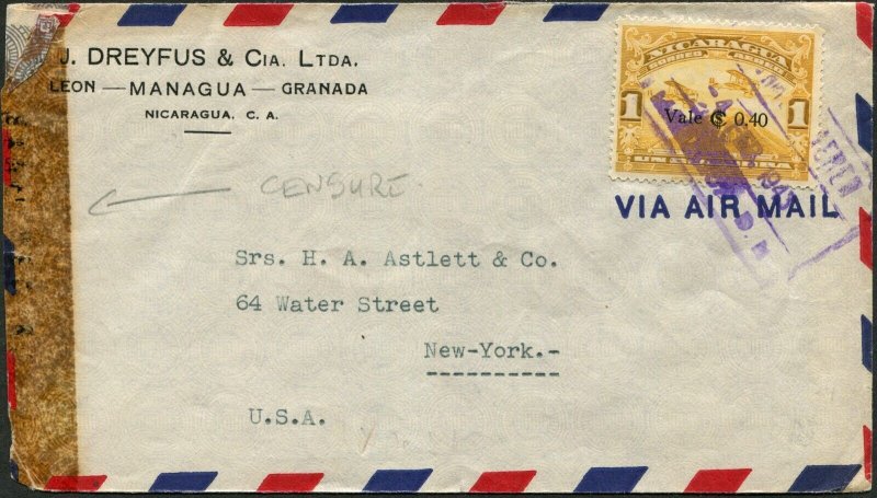 Nicaragua to USA Censor Examined Airmail Cover 1943 Latin America Postage