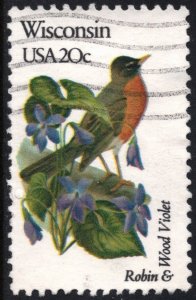 SC#2001A 20¢ State Birds & Flowers: Wisconsin; Perf 11¼ x 11 (1982) Used