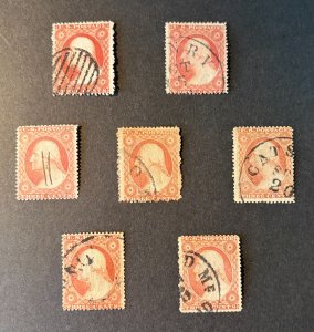 Collection of 7 Scott #26 US Stamps from plate 15, used with some nice cancels