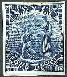 Nevis 1862 4d deep blue imperf proof on thin wove paper by Nissen and Parker