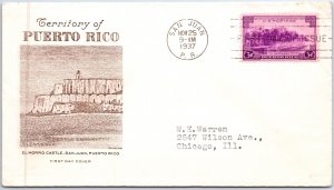 US COVER FIRST DAY OF ISSUE TERRITORY OF PUERTO RICO EL MORRO CASTLE CACHET 1937