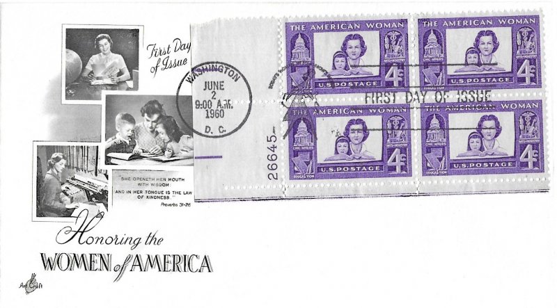#1152 FDC, 4c Women of America, Art Craft cachet, plate block of 4