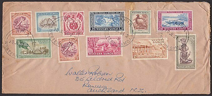 SAMOA 1954 cover with complete definitive set Apia to NZ....................J523