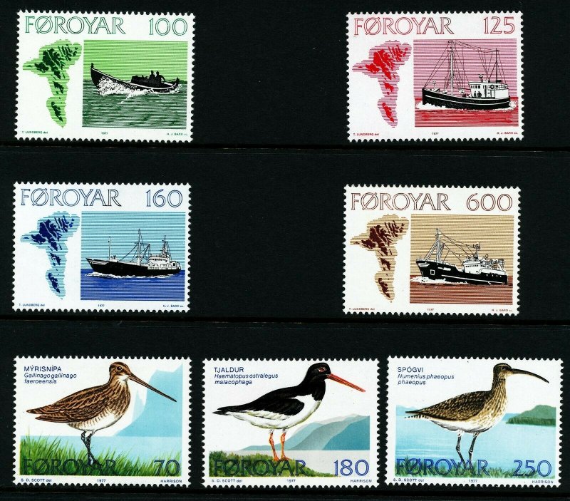 Faroe Islands 1977 cpl Year set; birds, ships. MNH