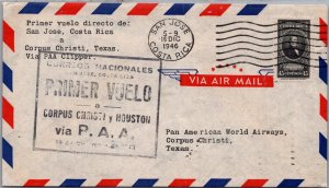 COSTA RICA 1946 POSTAL CACHET FIRST FLIGHT AIRMAIL COVER VIA CLIPPER ADDR TEXAS