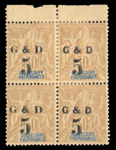 French Colonies, Guadeloupe #45 Cat$16++, 1903 5c on 3c, top margin block of ...