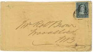 New Brunswick 1865 St. John grid cancel on cover to Woodstock, Scott 8