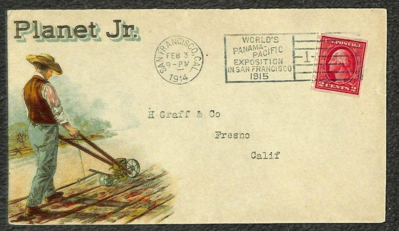 USA #413 STAMP PLANET JR. FARMING PANAMA PACIFIC EXPO ADVERTISING COVER 1914