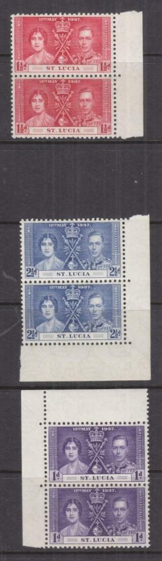 St. LUCIA, 1937 Coronation set of 3, marginal pairs, mnh.