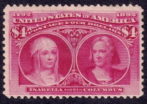 US Scott 244, 1893 Isabella and Columbus, $4 crimson lake, LH MINT