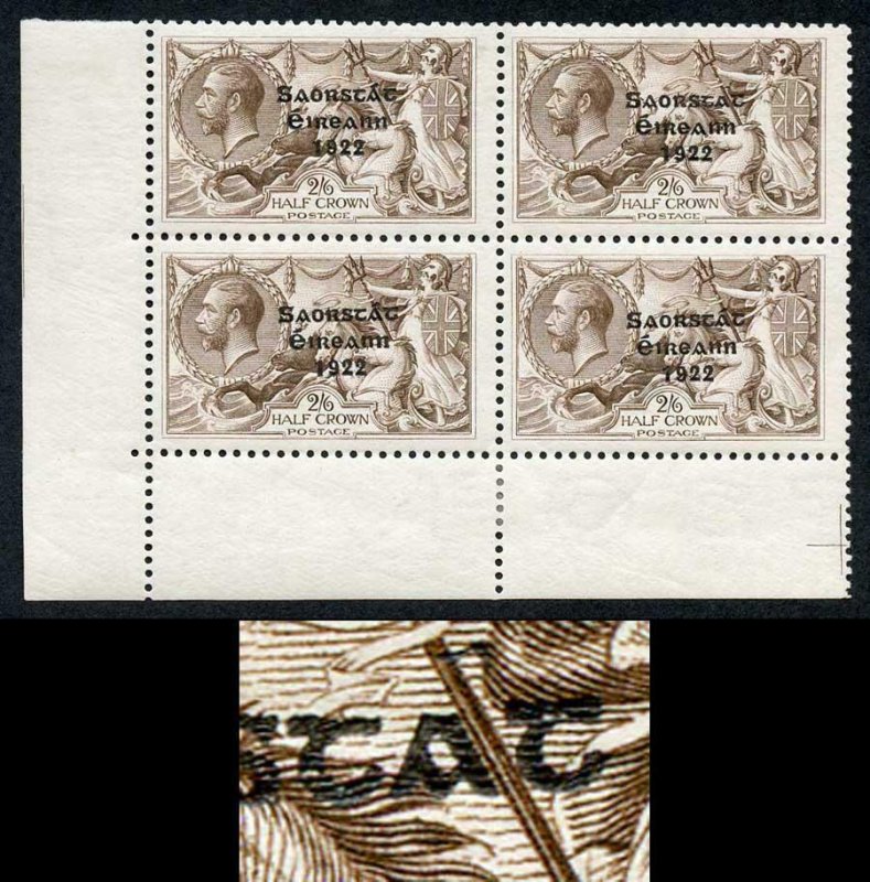 IRELAND SG86/a 1925-28 2s6d corner block of 4 Variety Circumflex accent on R9/2