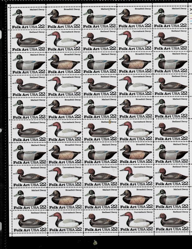 Folk Art Duck Decoy 22c Sheet US Postage Sheet #2138-41 VF MNH