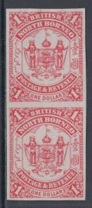 North Borneo Sc 46a MNG. 1888 $1 red imperf Coat of Arms, choice vertical pair