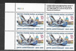 US# 3001 32c US Naval Academy Plate Block of 4 CV $3.25