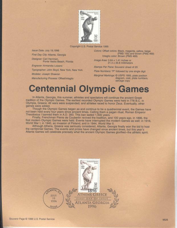 USA 3087 CENTENNIAL OLYMPIC GAMES SOUVENIR PAGE