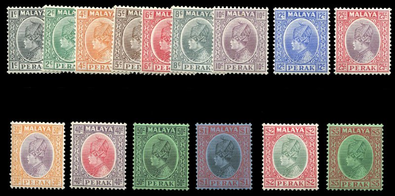 Malayan States - Perak #69-83 Cat$280, 1935-37 1c-$5, complete set, lightly h...