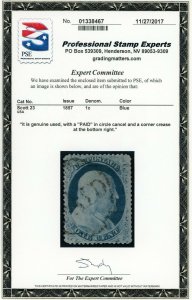 US Stamp #23 Franklin 1c - PSE Cert - USED - CV $575.00