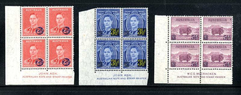 Australia  188-90  MNH SCV $20.00 BIN $12.50 BLOCKS /4