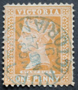 Victoria 1891 One Penny with an UP TRAIN MG 8 in blue postmark