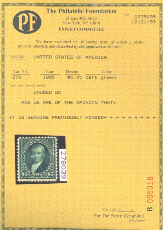 U.S. #278 MINT WITH PF CERT