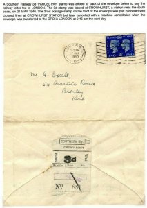 GB KGVI Cover SOUTHERN Railway Letter *Crowhurst*Station 1940 Parcel Stamp EP576 