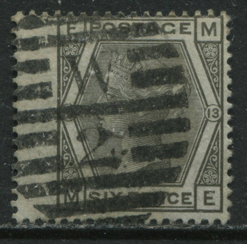 1872 6d gray Plate 13 lettered ME used with London numeral W2