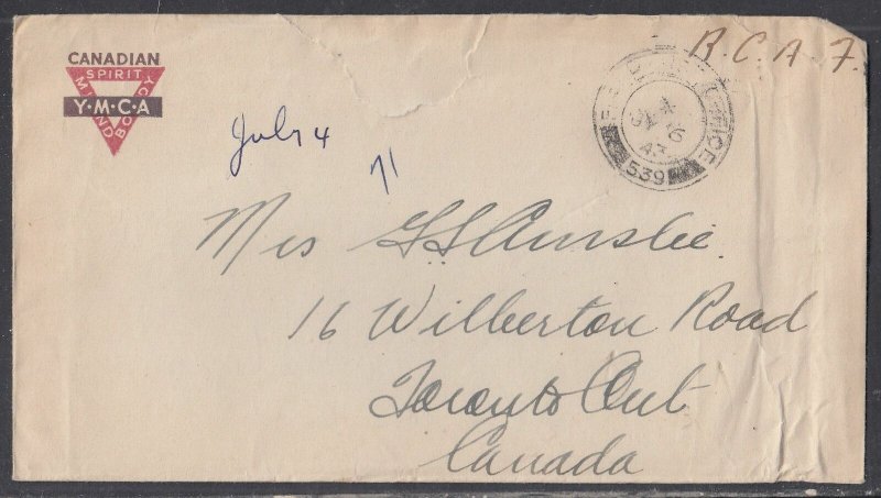 Canada - Jul 6, 1943 F.P.O. 539 Y.M.C.A. Cover to Canada