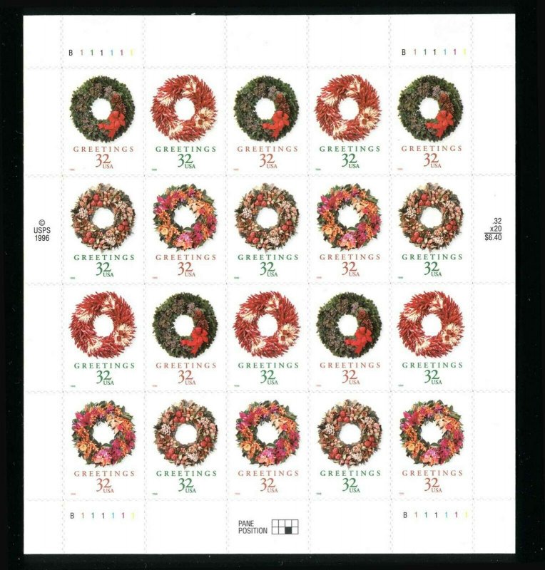 Scott 3252b Christmas Wreaths 32¢ 1998 MNH Sheet of 20