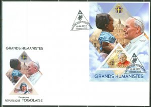 TOGO 2013  GREAT HUMANISTS POPE JOHN PAUL II  SOUVENIR SHEET FIRST DAY COVER