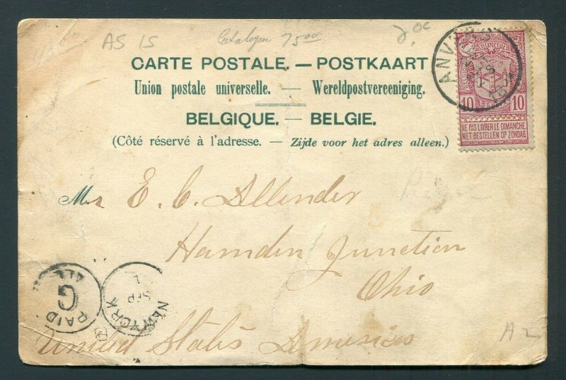 1894 World's Fair Postcard - Anvers (Antwerp), Belgium to Hamden Junctio...