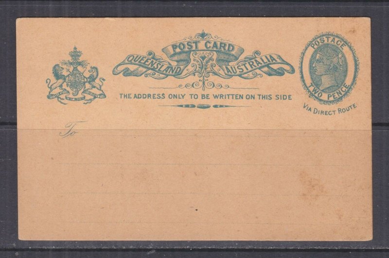 QUEENSLAND, Postal Card, 1889 2d.Blue, Via Direct Route, unused.