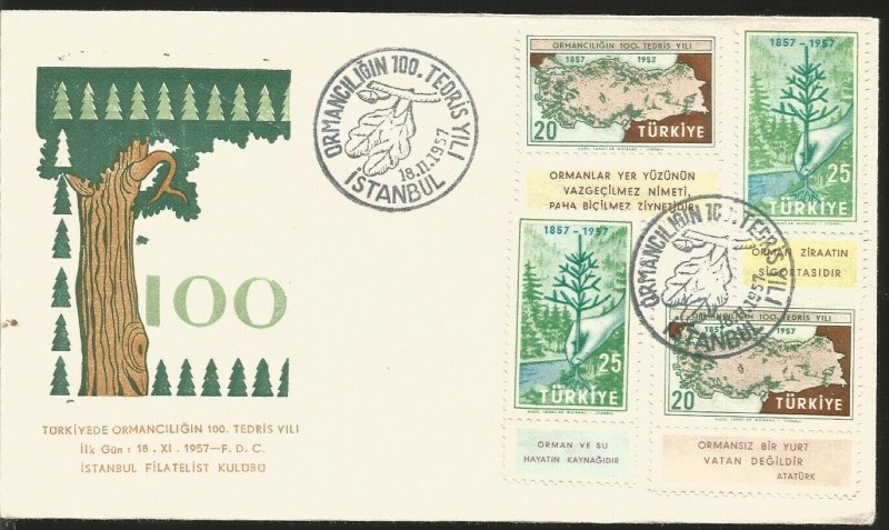 J) 1957 TURKEY, TREE, HANDS, MULTIPLE STAMPS, FDC 