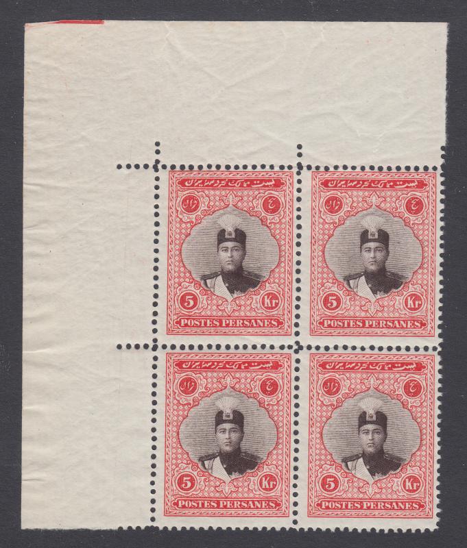 Iran Sc 677 MNH. 1924 5k red & brown Ahmad Shah Qajar, sheet corner block of 4