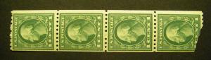 Scott 441, 1c Vert Washington, Strip of 4, MNH, one torn