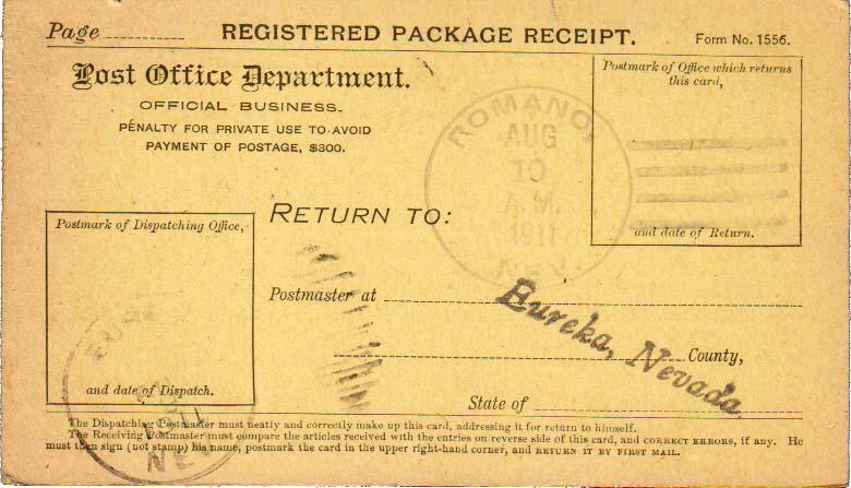 United States Nevada Romano 1911 4a-bar  1902-1914  Registry receipt card.