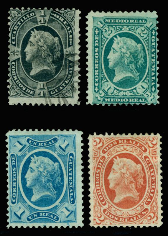 GUATEMALA 1875  Liberty  ¼r - 2r set   Scott # 7-10 mint MH