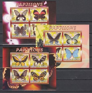 Djibouti, 2008 issue. Butterflies on 3 IMPERF sheets of 4. ^