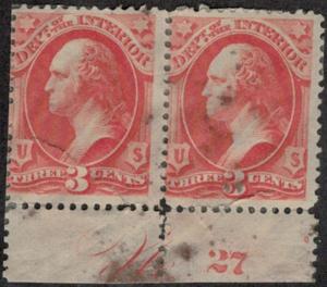 US #O17 SCV $160. plus 3c Interior, PLATE NUMBER PAIR, F/VF mint hinged, repa...