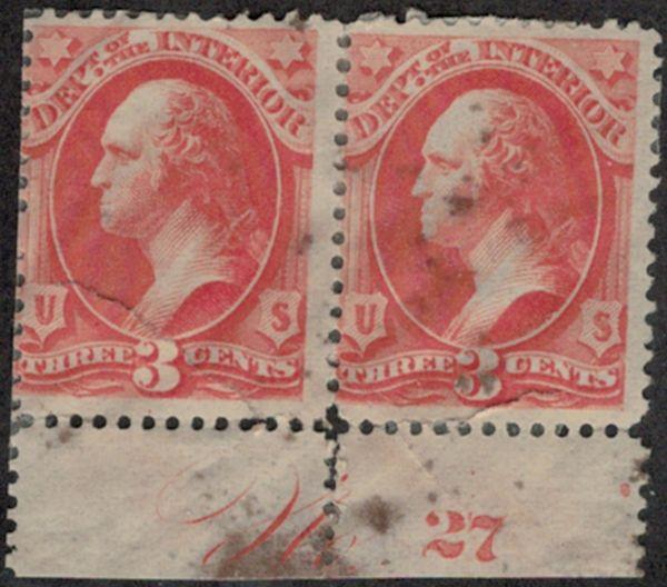 US #O17 SCV $160. plus 3c Interior, PLATE NUMBER PAIR, F/VF mint hinged, repa...