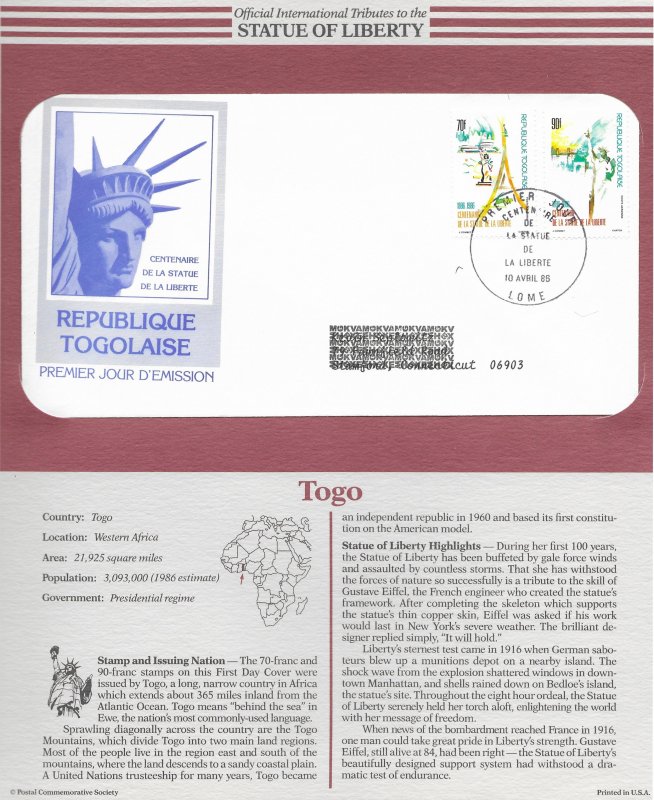 Statue of Liberty Togo #C548-549. 1986  FDC with write up.