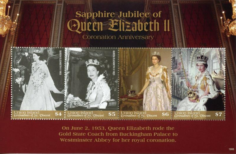 Union Island Gren St Vincent Stamps 2019 MNH Queen Elizabeth II Coronation 4v MS