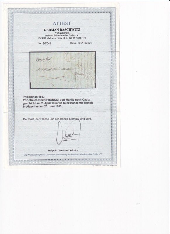 Stampless: 1853 Manila, Philippines to Cadiz, Spain via Suez ... (62468)