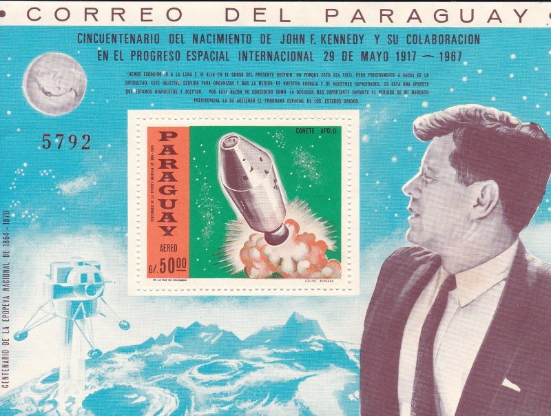 Paraguay # 1050, John F. Kennedy, Apollo Lift Oftt, NO Gum, 10%