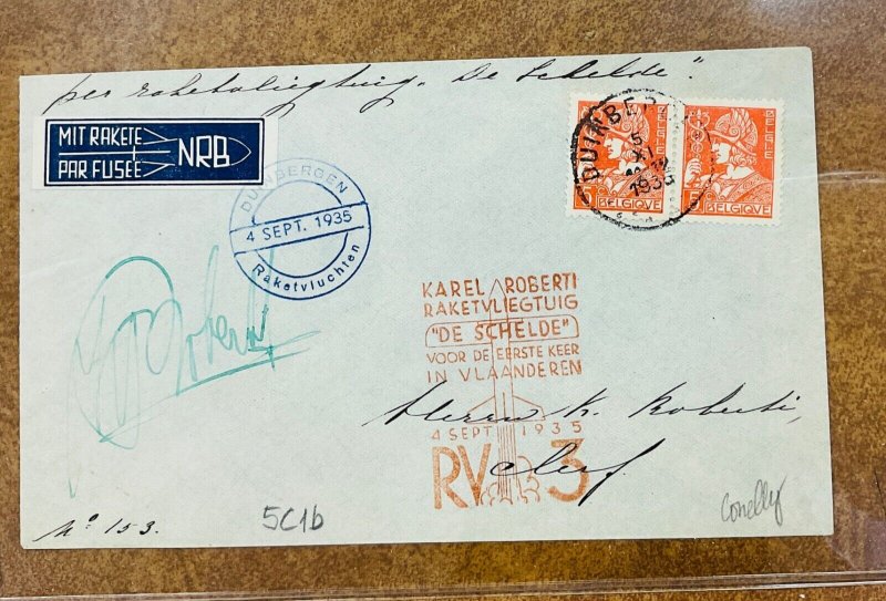 Belgium September 1935  Rocket Mail  cover  EZ# 5C1b pilot signed