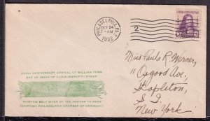 1932 William Penn Sc 724-3c FDC with 1st Philadelphia Chamber of Commerce cachet