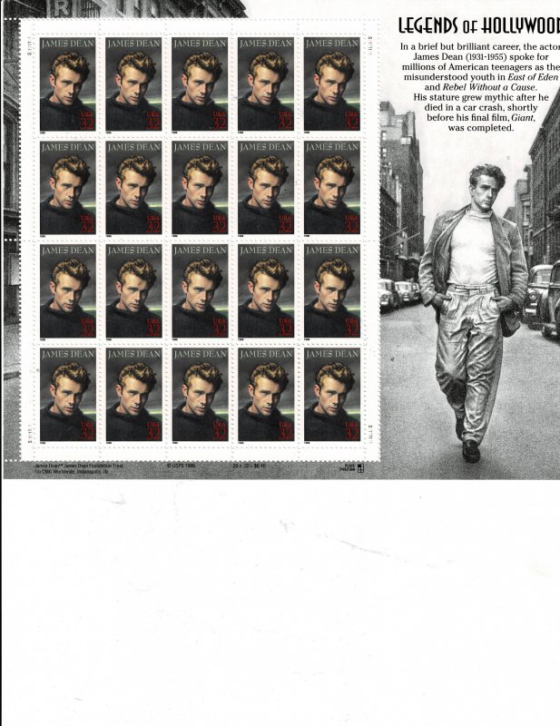 James Dean Hollywood 32c US Postage Sheet #3082 VF MNH