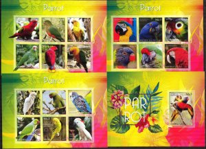 ERITREA 2017 Birds Parrots 3 Sheets + S/S Imperf. MNH Cinderella !