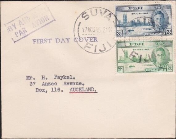 FIJI 1946 Victory set on FDC ex Suva to New Zealand........................B3174