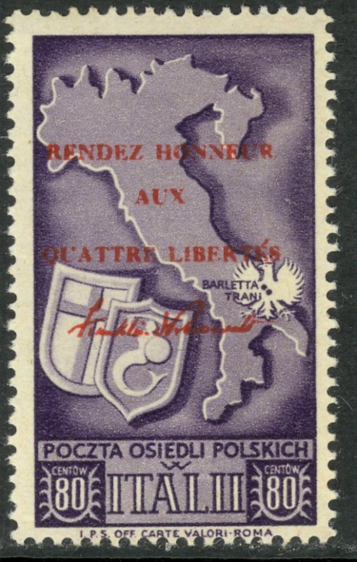 POLAND SETTLEMENTS IN ITALY 1945 80c w FDR FOUR FREEDOMS Private Overprint MH