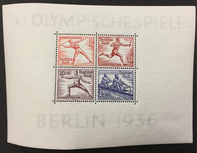 (BJ Stamps) GERMANY, B92. 1936, Olympic sheet of 4.  FVF, OG, MNH. CV $110.00